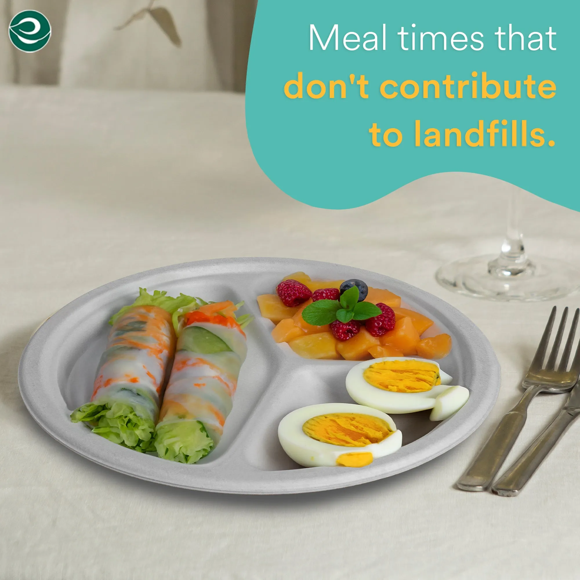 10 Inch Round 3 Compartment Disposable Bagasse Plates