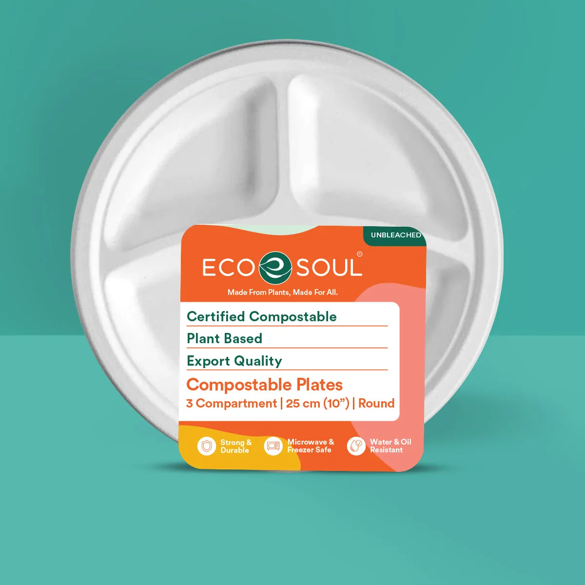 10 Inch Round 3 Compartment Disposable Bagasse Plates