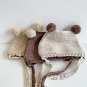 Autumn and winter cute ball knitted hat ear protection lace-up wool warm hat 17.3-19.6 inches