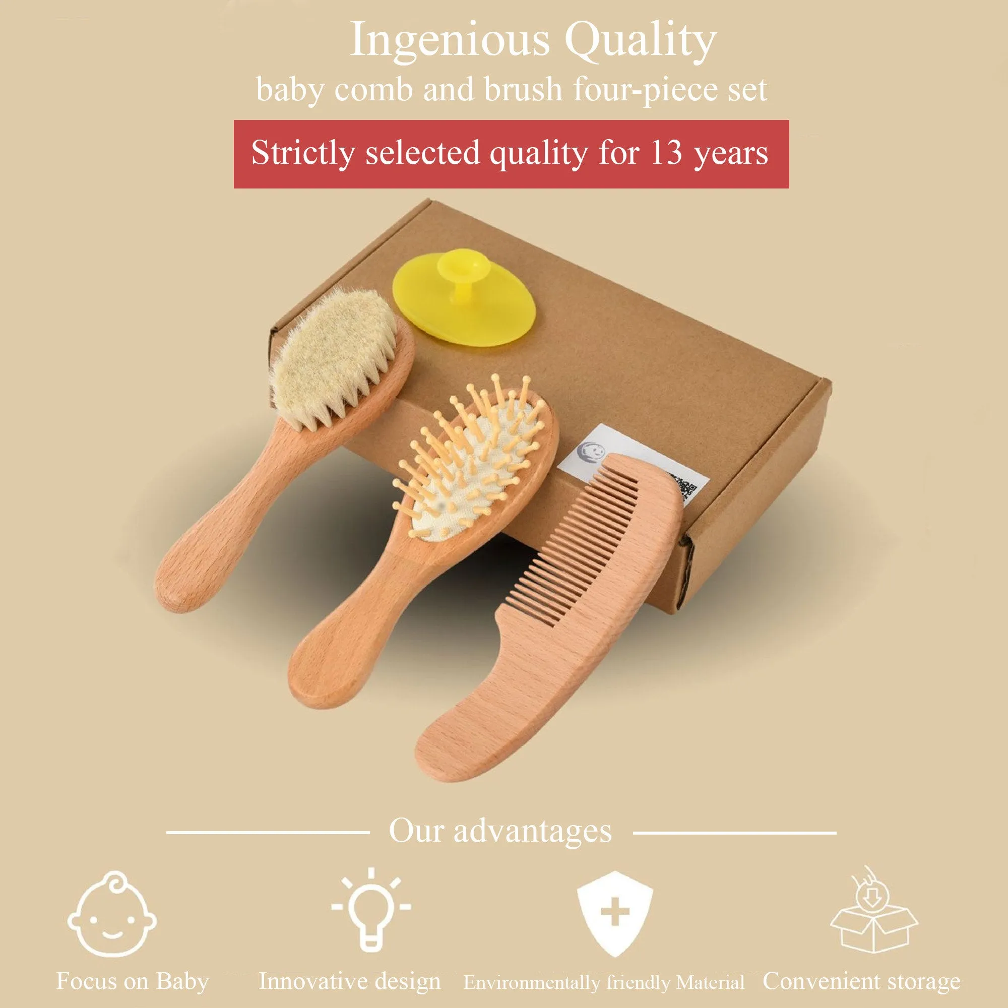 Babymoon Set of 4 | Baby Grooming Set | Baby Wooden Comb, Hair Brush, Face Brush, Shampoo Brush with Box | Baby Return Gift Set