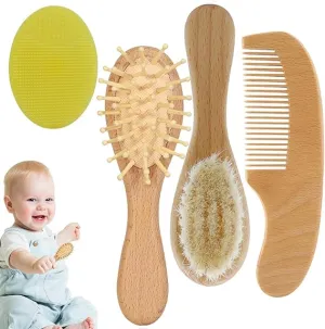 Babymoon Set of 4 | Baby Grooming Set | Baby Wooden Comb, Hair Brush, Face Brush, Shampoo Brush with Box | Baby Return Gift Set