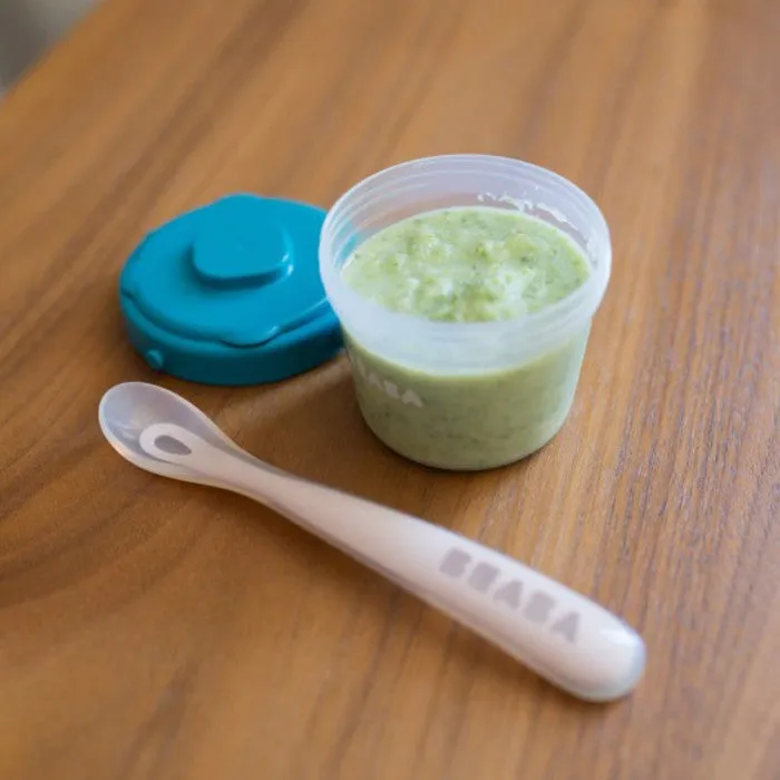 Beaba Set of 4 ergonomic 1st age silicone spoons Eucalyptus (Assorted Colors Windy Blue/ Eucalyptus Green/Light Mist/Old Pink