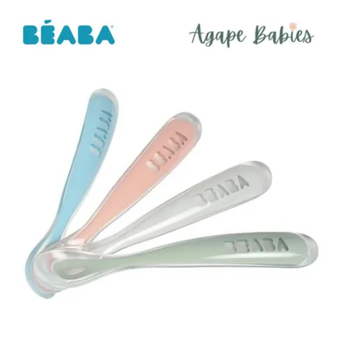 Beaba Set of 4 ergonomic 1st age silicone spoons Eucalyptus (Assorted Colors Windy Blue/ Eucalyptus Green/Light Mist/Old Pink