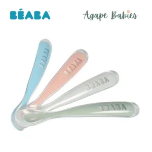 Beaba Set of 4 ergonomic 1st age silicone spoons Eucalyptus (Assorted Colors Windy Blue/ Eucalyptus Green/Light Mist/Old Pink