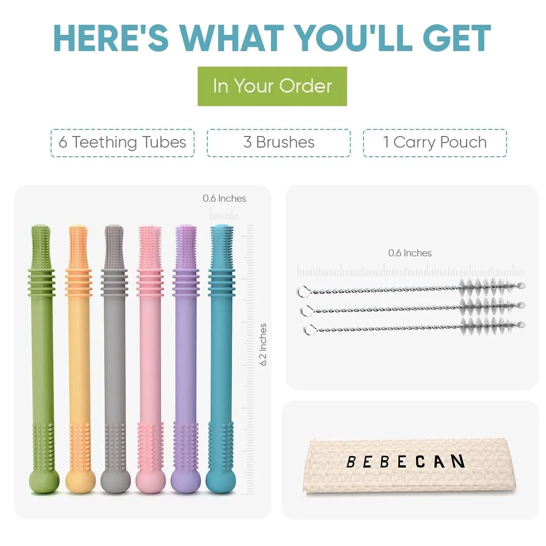 BEBECAN Teething Sticks for Babies 0-36 Months - Super Soft Silicone Teethers in 6 Vibrant Colors, Infant Teething Relief, Multicolored Teething Tubes Baby Gift Teethers