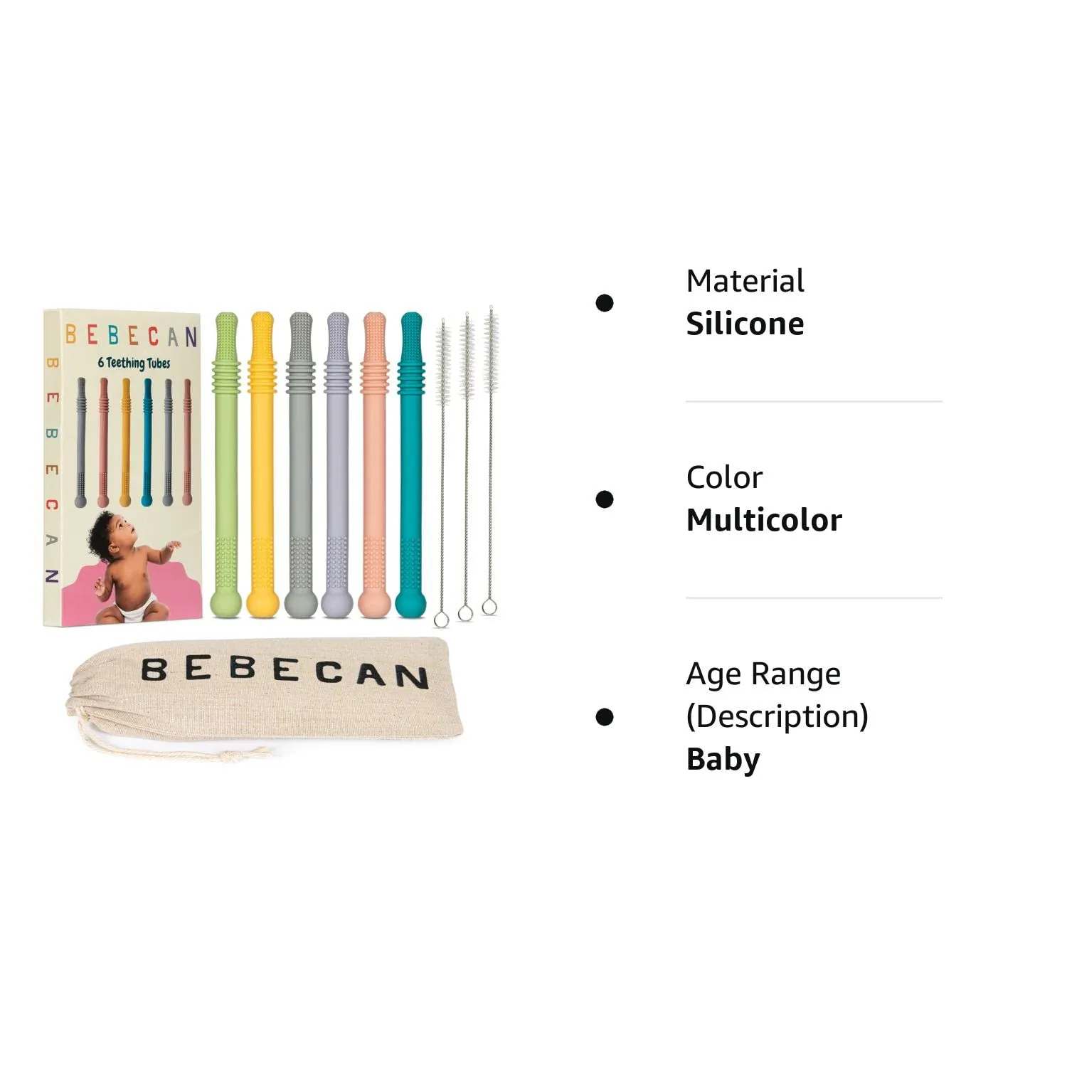 BEBECAN Teething Sticks for Babies 0-36 Months - Super Soft Silicone Teethers in 6 Vibrant Colors, Infant Teething Relief, Multicolored Teething Tubes Baby Gift Teethers
