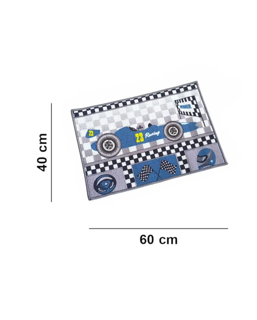 Blue Racing Car Anti-Slip Kids Multipurpose Door Mats | Set of 2 | 24 x 16 inches