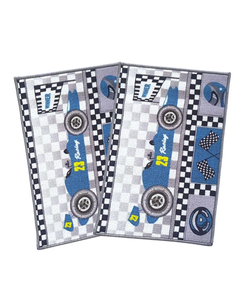 Blue Racing Car Anti-Slip Kids Multipurpose Door Mats | Set of 2 | 24 x 16 inches