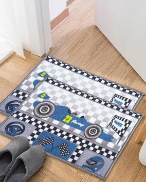 Blue Racing Car Anti-Slip Kids Multipurpose Door Mats | Set of 2 | 24 x 16 inches