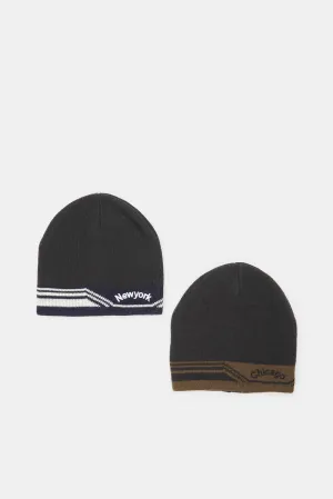 Boys Brown And Charcoal Knitted Cap Set (2 Piece)