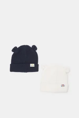 Boys White And Navy Knitted Cap Set (2 Piece)