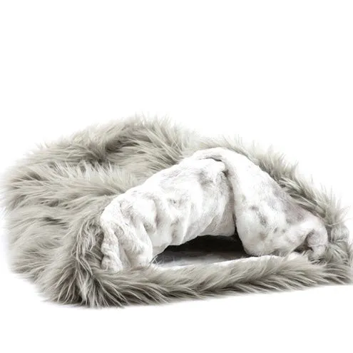cuddle cup bed - taupe fur with platinum snow leopard