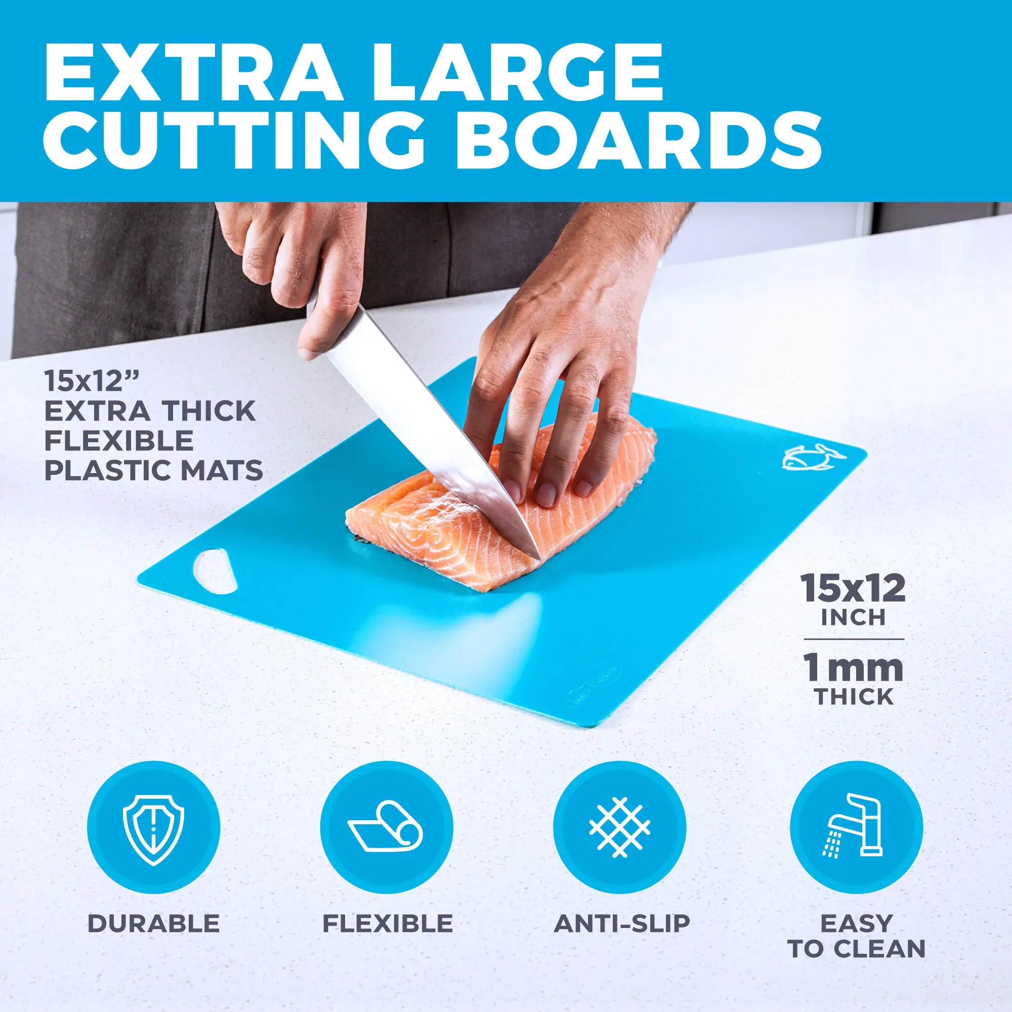 Extra Thick Flexible Plastic Cutting Board Mats with Holes for Hanging and Food Icons & EZ-Grip Waffle Back, (Set of 6) Dishwasher Safe