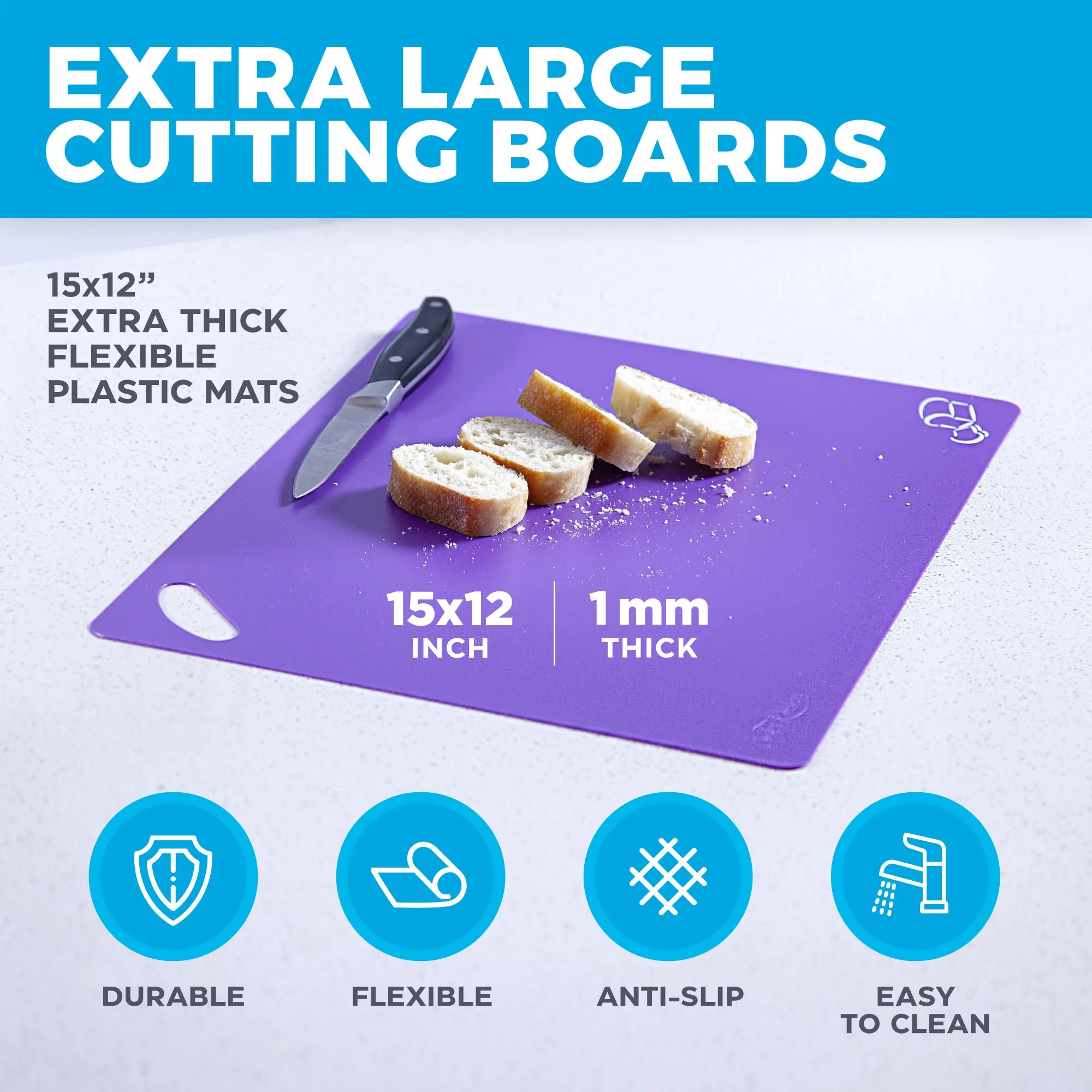 Extra Thick Flexible Plastic Cutting Board Mats with Holes for Hanging and Food Icons & EZ-Grip Waffle Back, (Set of 6) Dishwasher Safe