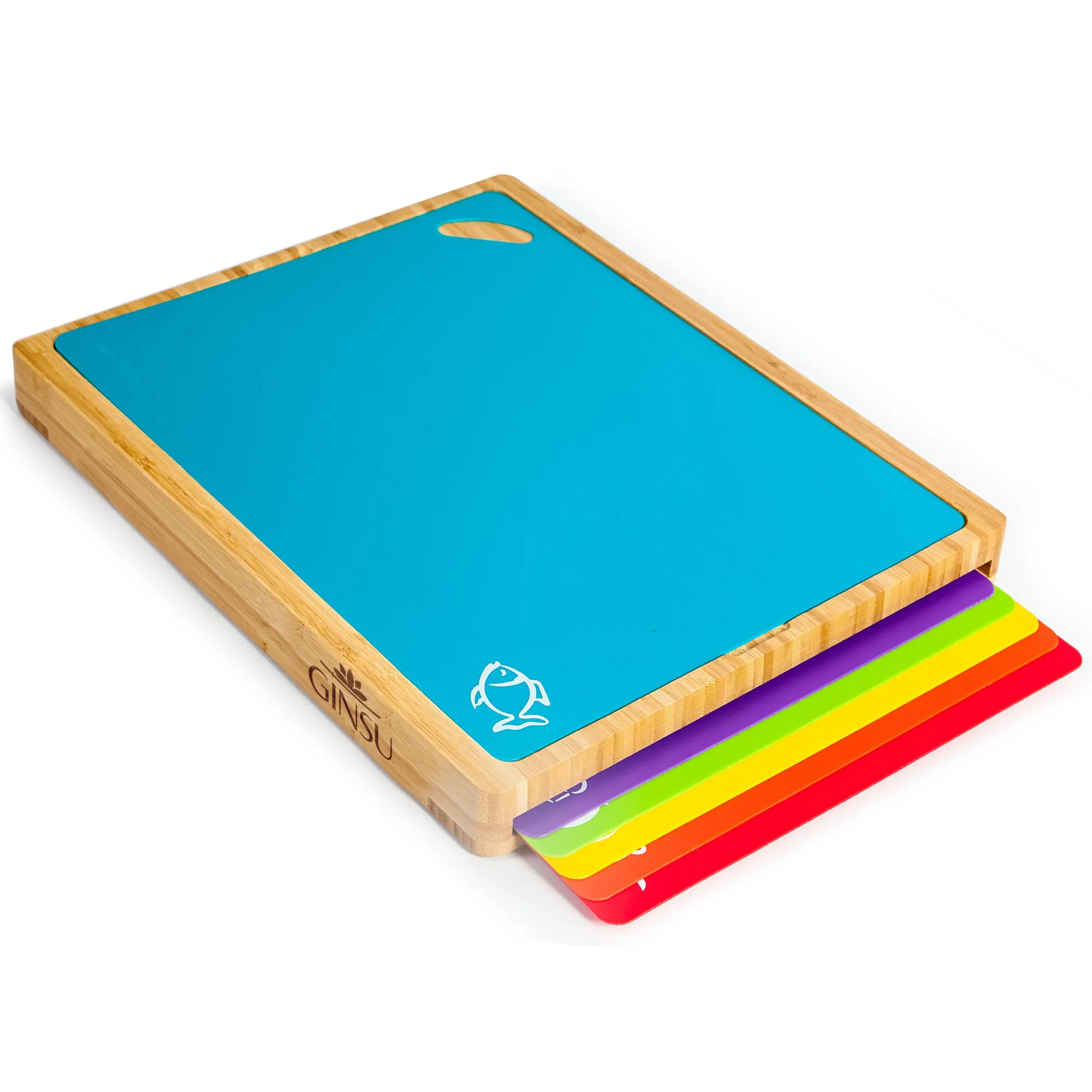 Ginsu Bamboo Wood Cutting Board Set with 6 Color-Coded Mats and Food Icons for Easy Meal Prep and Cleanup
