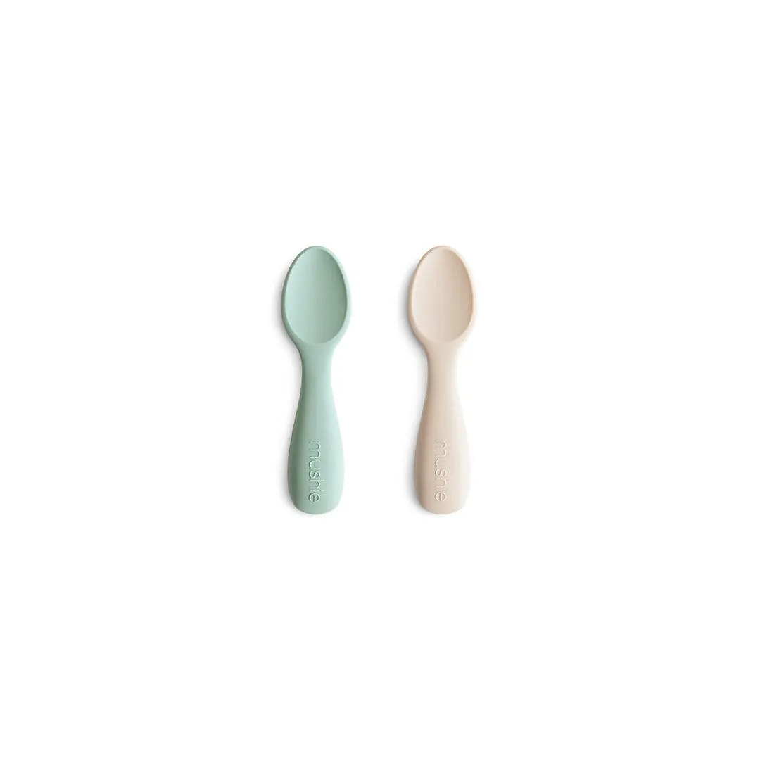Mushie Silicone Toddler Starter Spoons | 2-Pack - Cambridge Blue/Shifting Sand