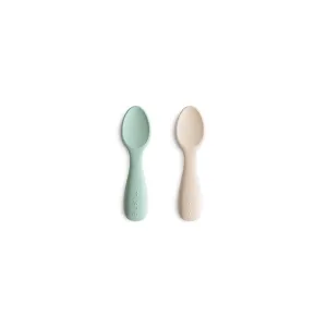 Mushie Silicone Toddler Starter Spoons | 2-Pack - Cambridge Blue/Shifting Sand