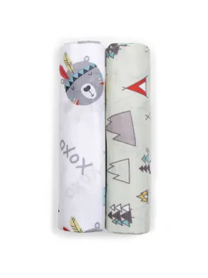 Muslin Swaddle - 2Pc Set - Teepee/Bear Face Print