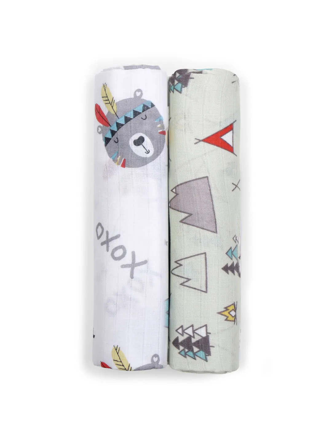 Muslin Swaddle - 2Pc Set - Teepee/Bear Face Print