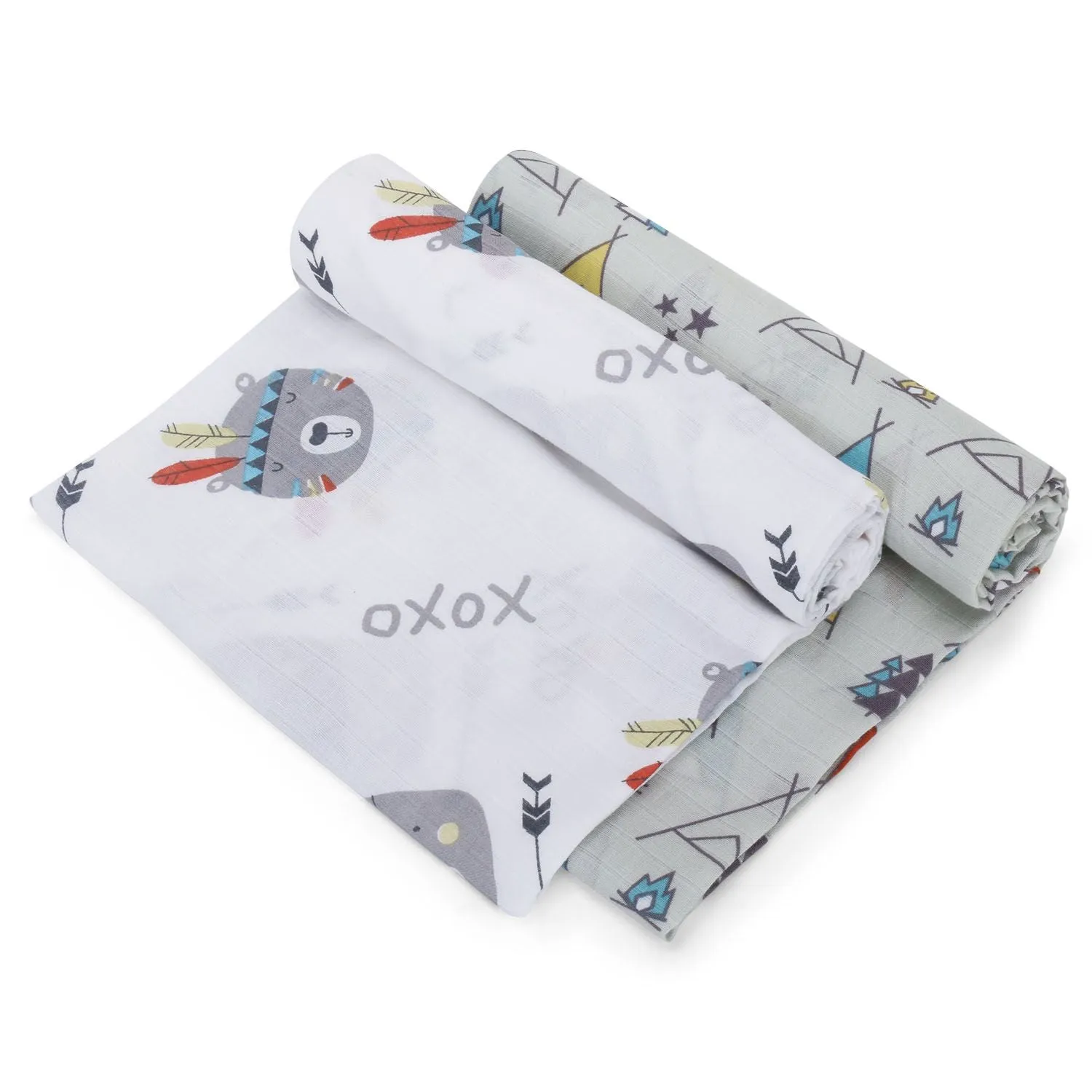Muslin Swaddle - 2Pc Set - Teepee/Bear Face Print