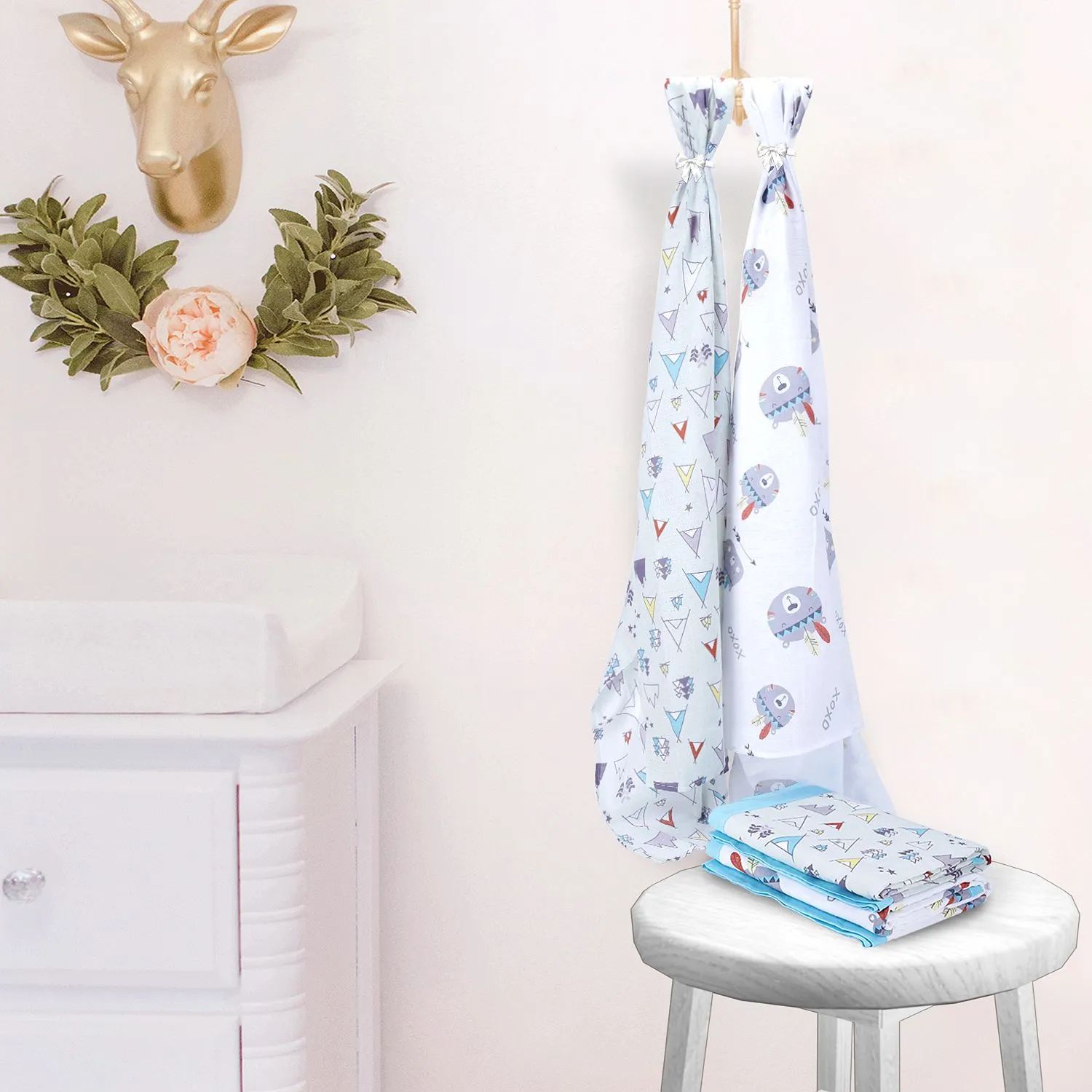 Muslin Swaddle - 2Pc Set - Teepee/Bear Face Print