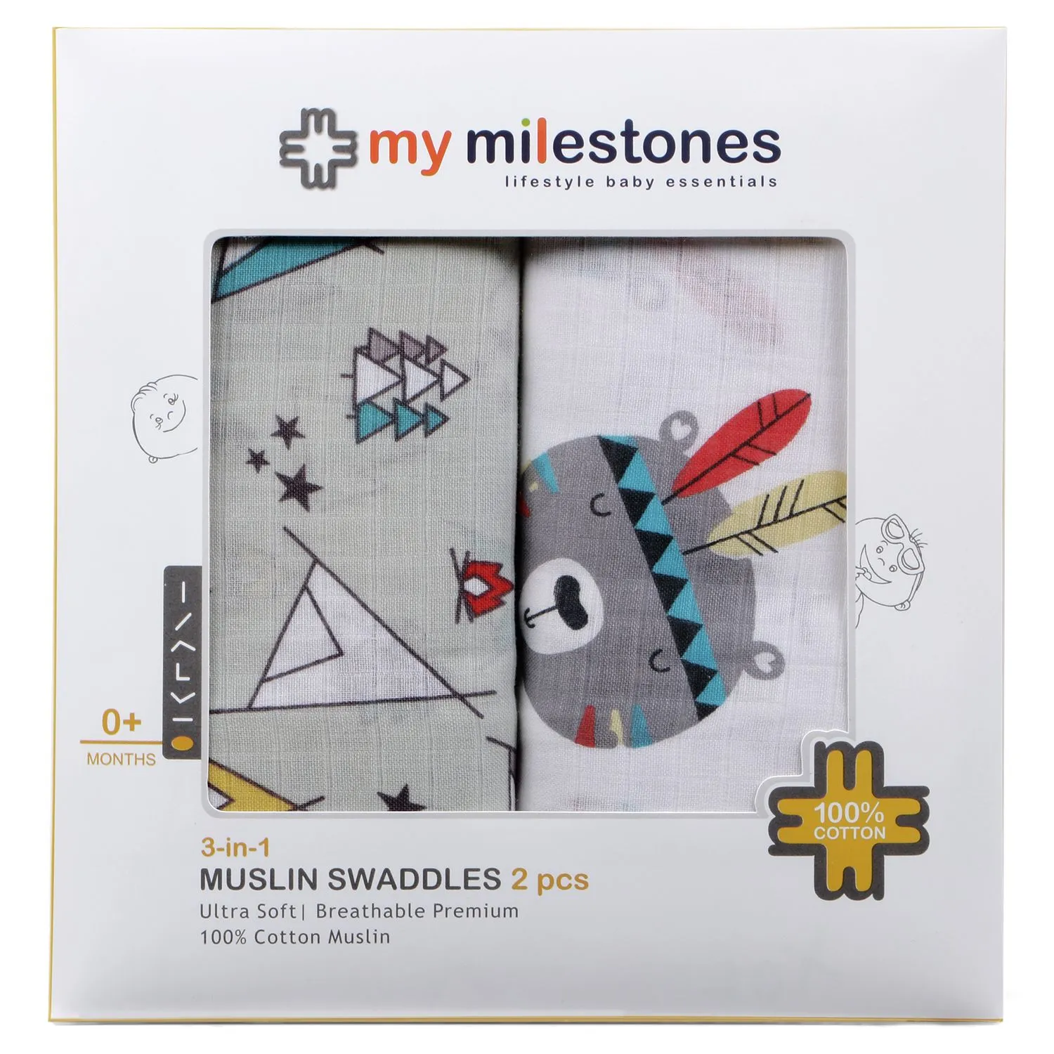 Muslin Swaddle - 2Pc Set - Teepee/Bear Face Print