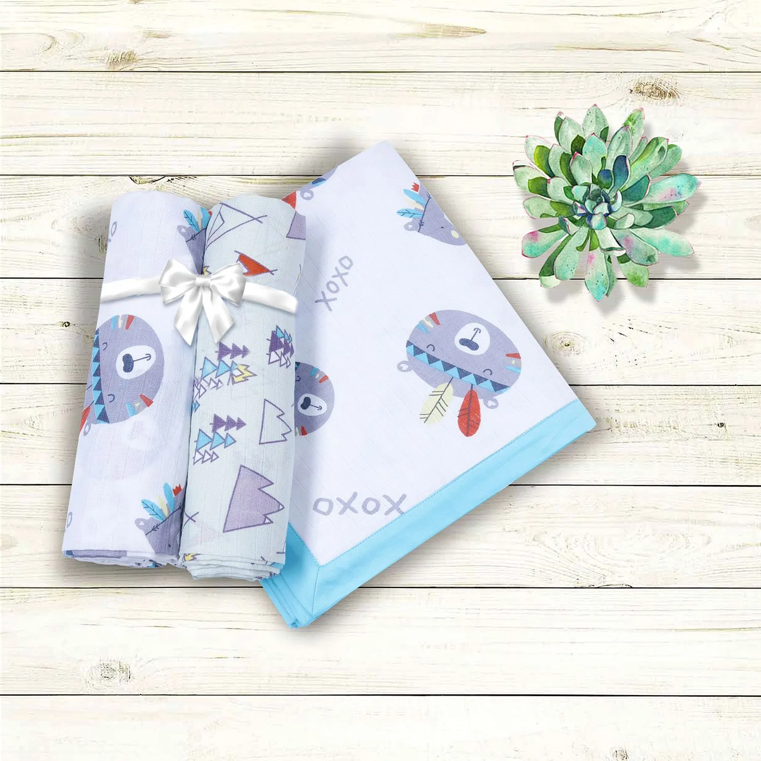 Muslin Swaddle - 2Pc Set - Teepee/Bear Face Print