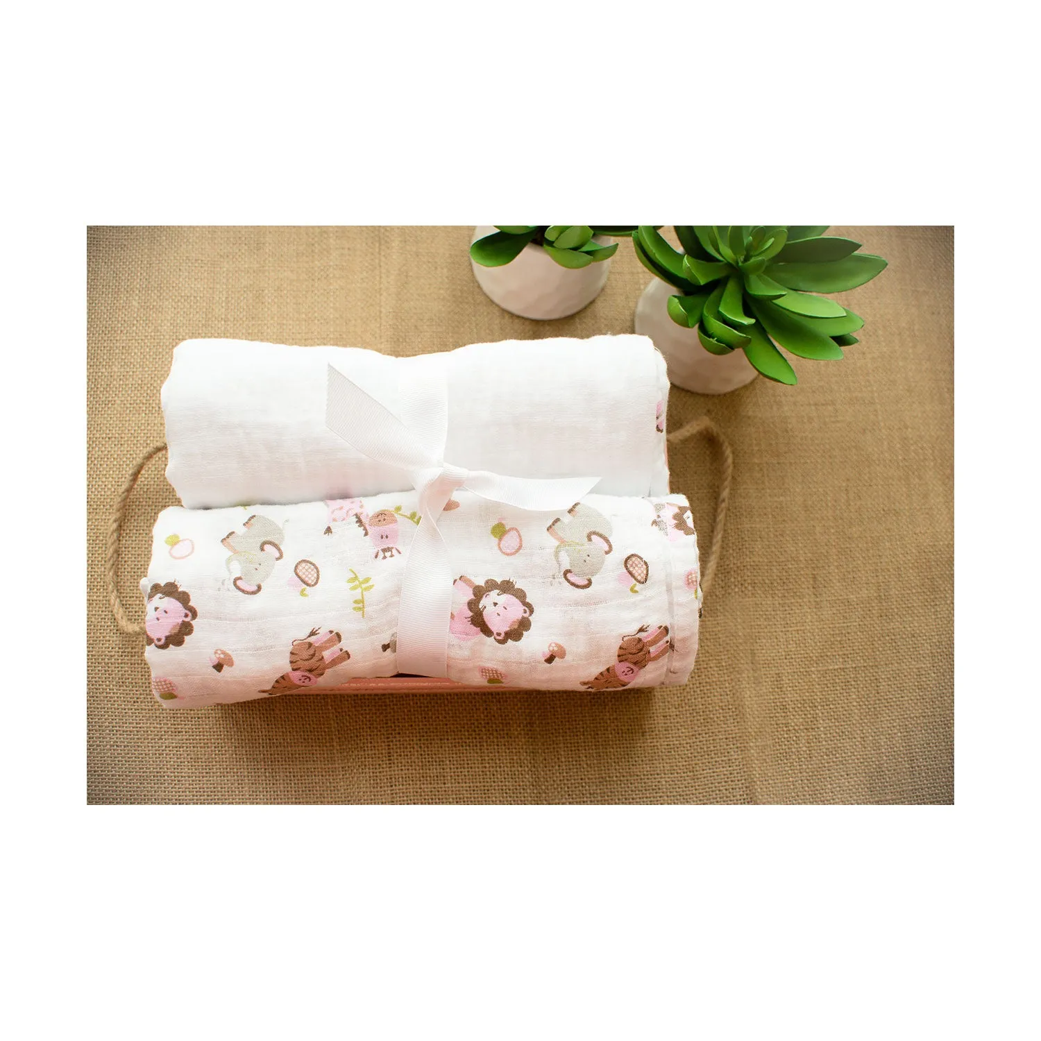 Muslin Swaddle - 2Pc Set - Zoo Pink