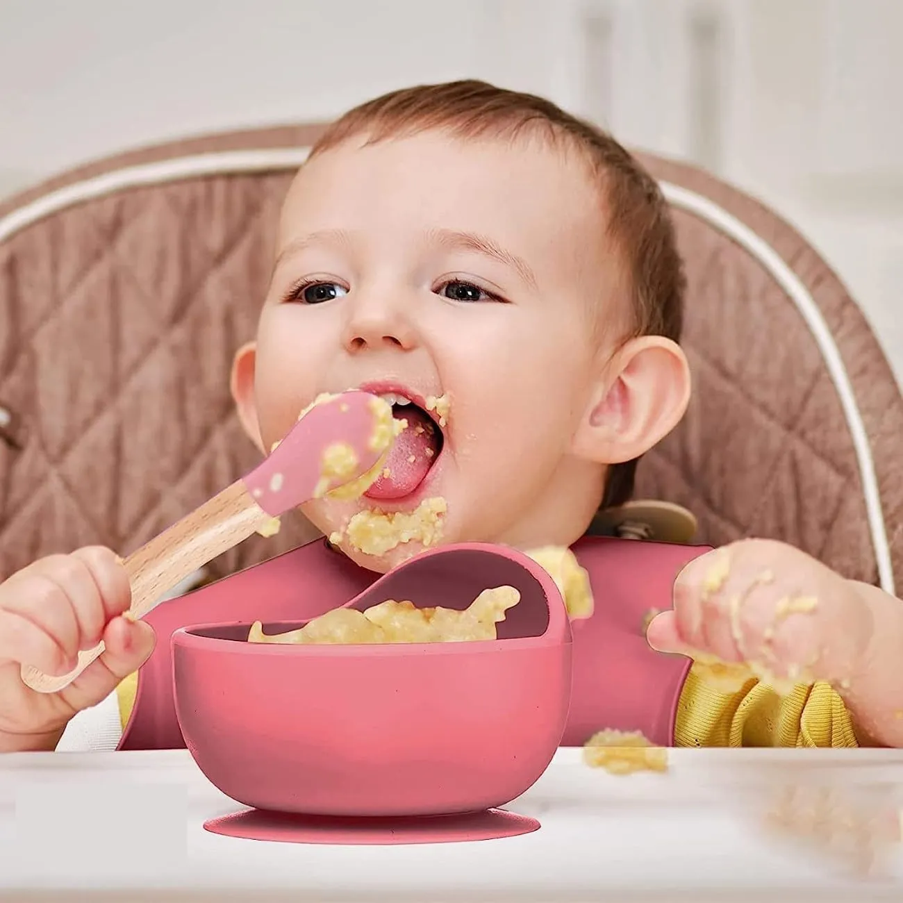 THE LITTLE LOOKERS Silicone Spoon with Bamboo Handle, BPA Free Feeding Spoons for Baby/Kids/Toddlers