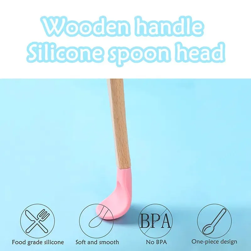 THE LITTLE LOOKERS Silicone Spoon with Bamboo Handle, BPA Free Feeding Spoons for Baby/Kids/Toddlers