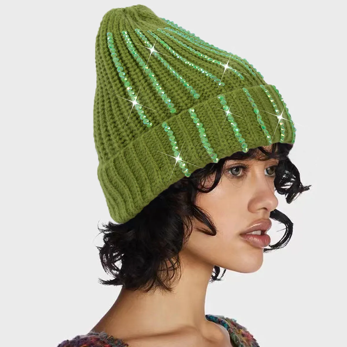 Wholesale Knitted Hats with Diamond Inlaid Wool Hats, Thickened Warm Hats